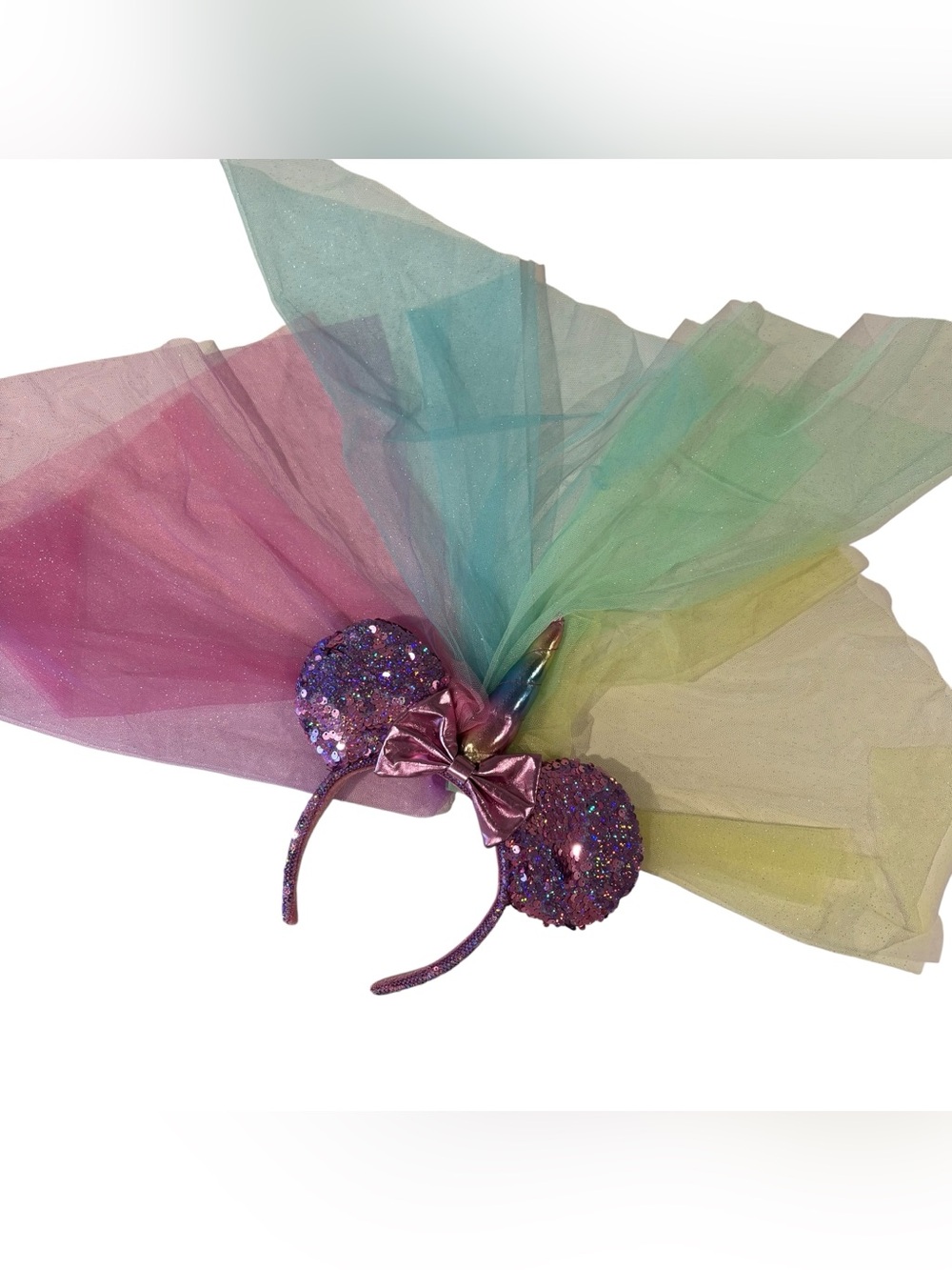 Disney Parks Unicorn Minnie Mouse Ears Rainbow Veil Sequin Headband Souvenir WDW